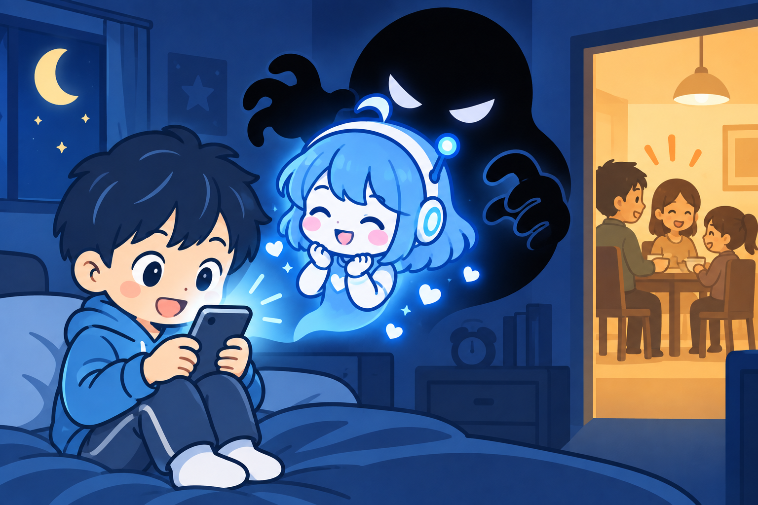 AI恋人との会話に夢中になり、家族から離れていく中学生のデフォルメイラスト