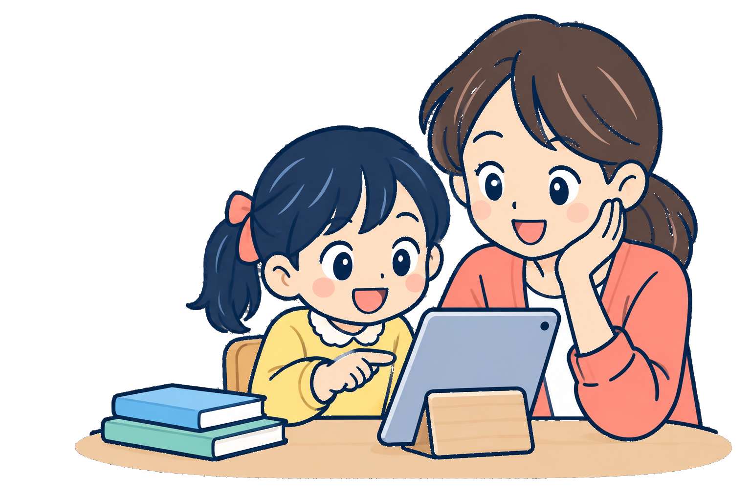親子でタブレットを見ながらAIについて学ぶデフォルメイラスト