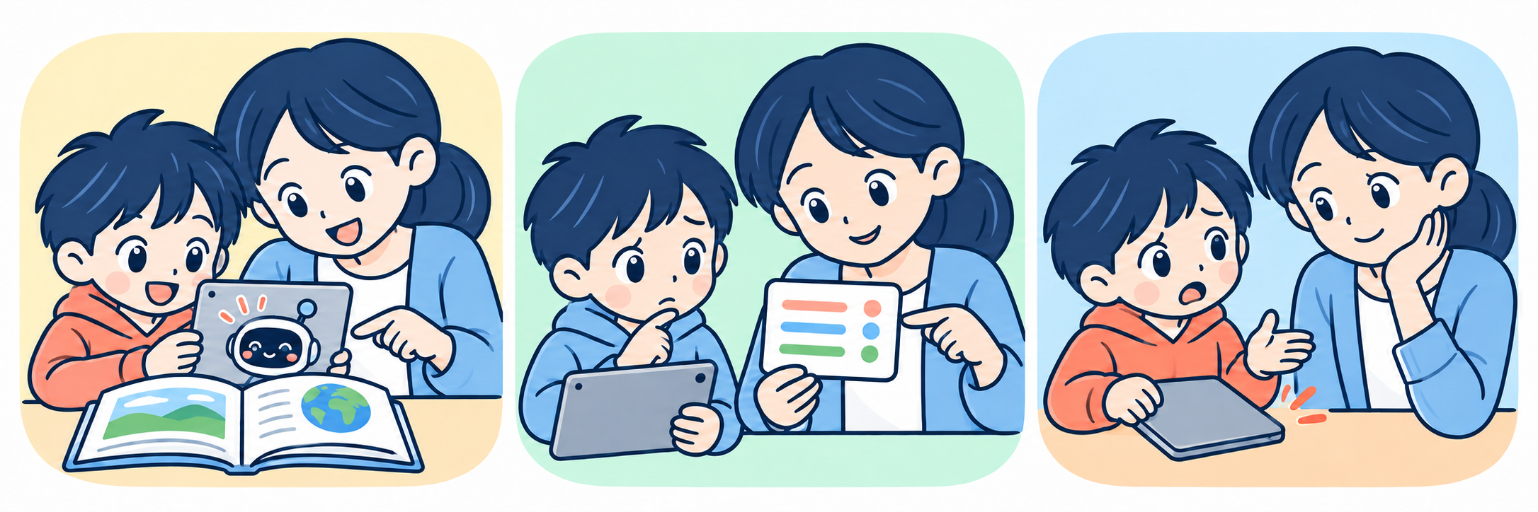 AIの答えを確かめ、個人情報を守り、大人に相談する3つのデフォルメイラスト
