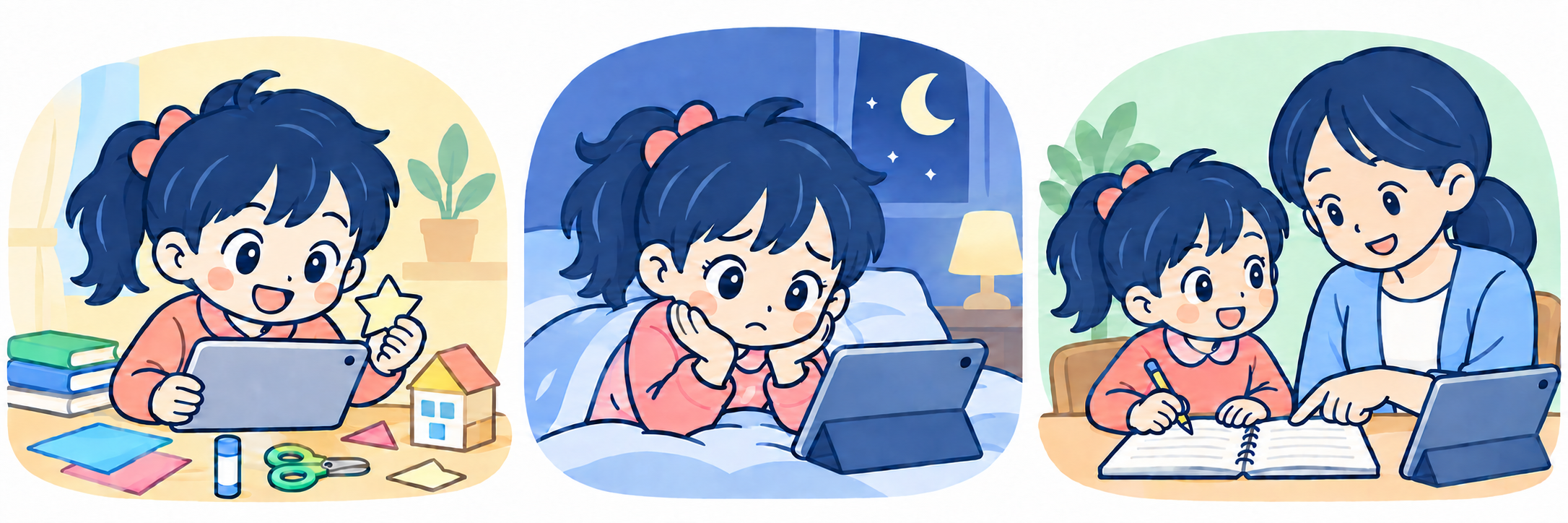 生成AIで学ぶ子ども、AIに判断を任せる子ども、使い方を話し合う親子のデフォルメイラスト